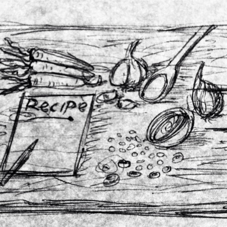 Pencil Sketch Recipe Or Ingredient Concept.Carrot,Onions And Spoon With Wood Background.の素材