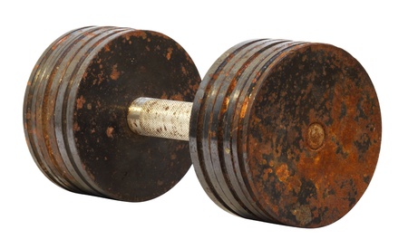 old rusty dumbbell on a white backgroundの写真素材