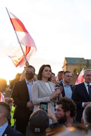 Warsaw, Poland - June 03, 2021: portrait of Belarusian opposition leader Sviatlana Tsikhanouskaya attends a protest against the political situation in Belarusのeditorial素材
