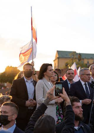 Warsaw, Poland - June 03, 2021: portrait of Belarusian opposition leader Sviatlana Tsikhanouskaya attends a protest against the political situation in Belarusのeditorial素材