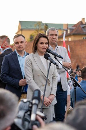 Warsaw, Poland - June 03, 2021: portrait of Belarusian opposition leader Sviatlana Tsikhanouskaya attends a protest against the political situation in Belarusのeditorial素材