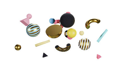 Abstract 3d objects on white background, composition of flying forms, mixed realistic materials isolatedの写真素材