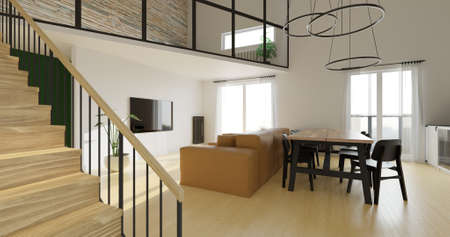 Modern living room with kitchen area. luxury two-level flat design. 3d visualization