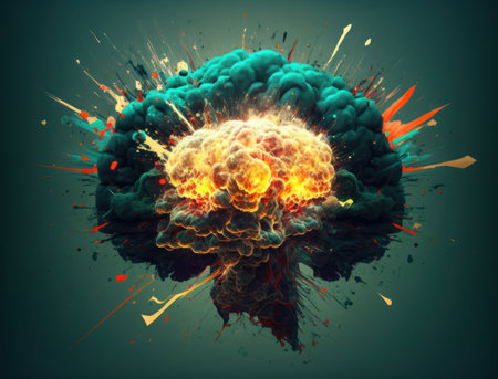 Human brain exploding on a solid background. mind blown concept. AI generativeの素材