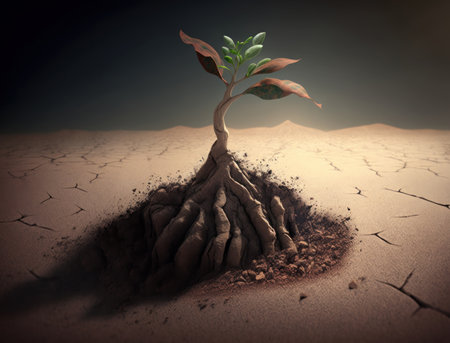 Ecology concept. Rising sprout on dry ground. AI generated.の素材