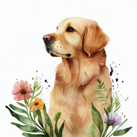 portait of golden retriever with flowers on white background, Summer watercolor postcard with animals, generative AI.の素材
