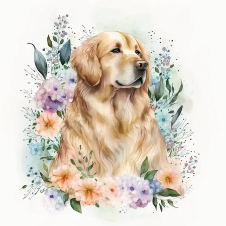 portait of golden retriever with flowers on white background, Summer watercolor postcard with animals, generative AI.の素材