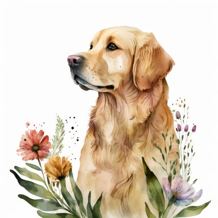 portait of golden retriever with flowers on white background, Summer watercolor postcard with animals, generative AI.の素材