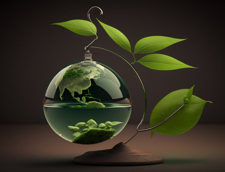 Green globe on the tree. Creative drawing ecological concept to save the planet. AI generative.の素材