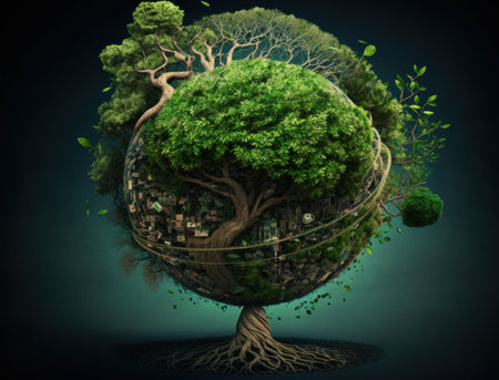 Green globe on the tree. Creative drawing ecological concept to save the planet. AI generative.の素材
