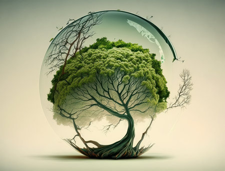 Green globe on the tree. Creative drawing ecological concept to save the planet. AI generative.の素材
