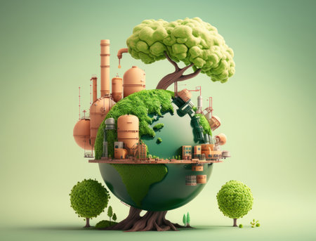 Polluting factory and green tree balancing on a globe. Save the world concept. AI generative.の素材