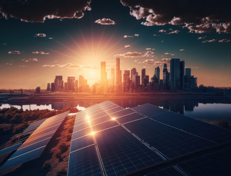 solar power station with city skyline. AI generative.の素材