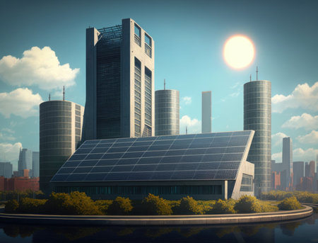 solar power station with city skyline. AI generative.の素材