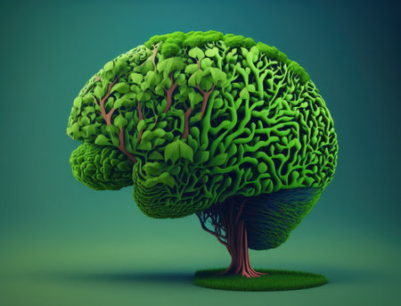 The human brain is covered with green grass and trees. Ecological concept. The metaphor of the wild, natural or imperfect intelligence. AI generative.の素材