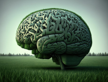 The human brain is covered with green grass and trees. Ecological concept. The metaphor of the wild, natural or imperfect intelligence. AI generative.の素材