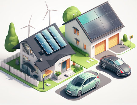 Green energy illustration set. Modern eco private house. AI generative.の素材
