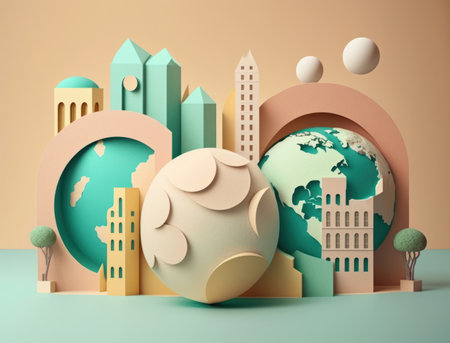 Happy earth day concept. forest with paper texture on pastel colors. AI generated.の素材
