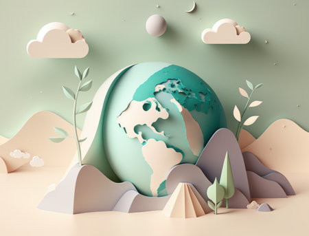 Happy earth day concept. forest with paper texture on pastel colors. AI generated.の素材