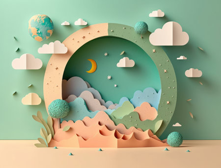 Happy earth day concept. forest with paper texture on pastel colors. AI generated.の素材
