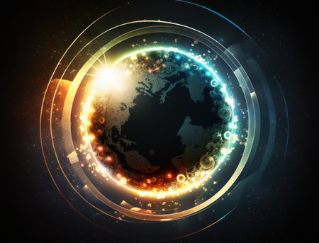 Circular tech science global orbit light effect background. Global communications system and the World Wide Web. Technologies and communications. Globalization. AI generative.の素材