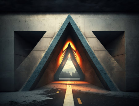 futuristic triangular glowing tunnel from Concrete Block Asphalt. AI generative.の素材