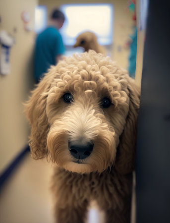 close up portrait of a Frightened goldendoodle in the veterinarian office. Waiting for vaccination. AI generative.の素材