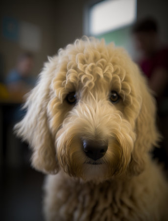 close up portrait of a Frightened goldendoodle in the veterinarian office. Waiting for vaccination. AI generative.の素材