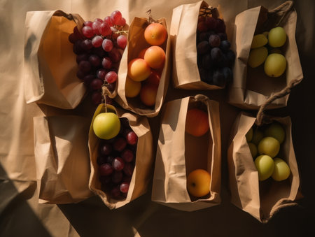 organic fruits from farm in zero waste paper bags, top view. healthy food. AI generative.の素材