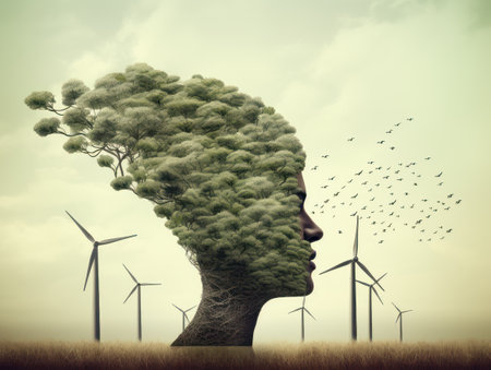 huge human head and wind power stations. ecological concept. AI generative.の素材
