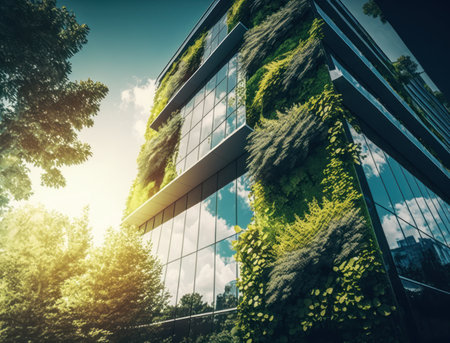 eco friendly office building with vertical garden in modern future city. Go green concept. AI generative.の素材