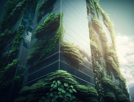 eco friendly office building with vertical garden in modern future city. Go green concept. AI generative.の素材