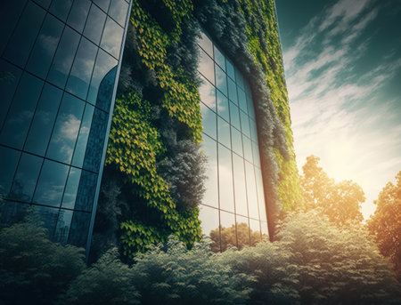 eco friendly office building with vertical garden in modern future city. Go green concept. AI generative.の素材
