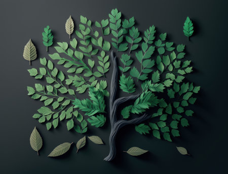 symbolic tree from paper leaves, flat lay. cology conservation concept. AI generative.の素材
