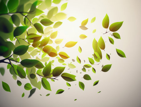 beautiful background from green flying leaves on a white background. natural wallpaper. AI generative.の素材
