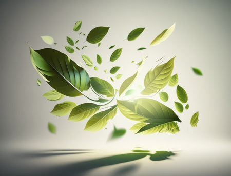 beautiful background from green flying leaves on a white background. natural wallpaper. AI generative.の素材