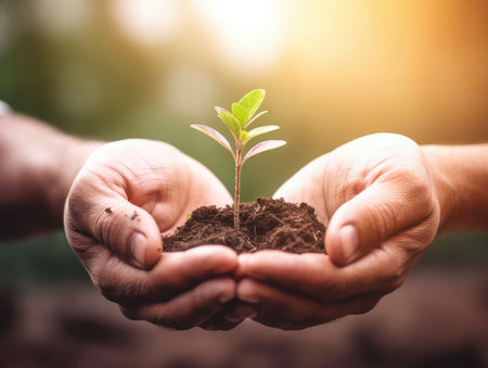 Close up small plants with black soil on two hand. Earth day and Ecology concept. AI generative.の素材