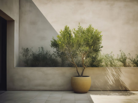 Mediterranean minimal wall and plant exterior architecture. AI generative.の素材