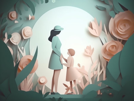 Happy Mothers Day postcard with woman and child silhouette. paper style, pastel colors. AI generative.の素材
