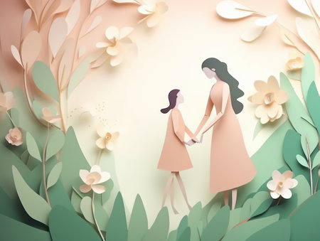 Happy Mothers Day postcard with woman and child silhouette. paper style, pastel colors. AI generative.の素材