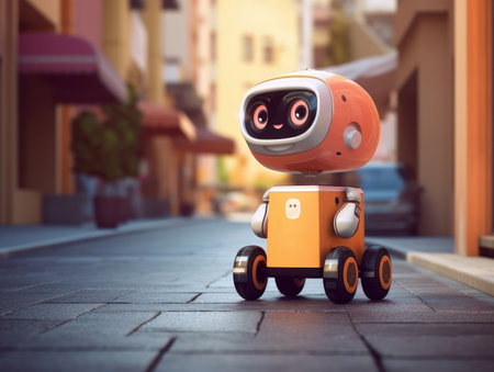 cute orange delivery robot rides the streets of the city at sunny day, Modern delivery concept-robots delivery, ai generative.の素材