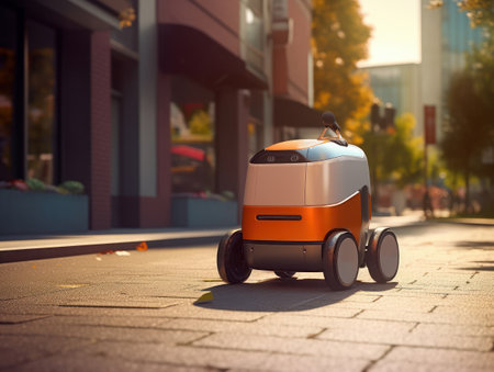 cute orange delivery robot rides the streets of the city at sunny day, Modern delivery concept-robots delivery, ai generative.の素材