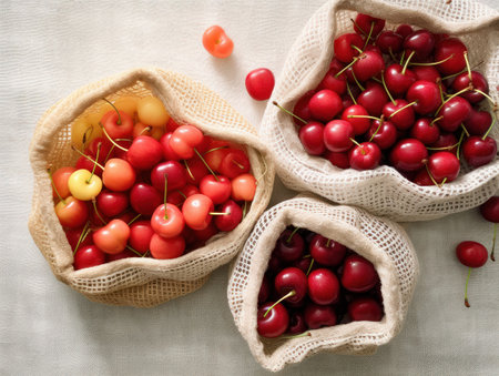 Flat-lay of grocery jute and net bags full of fresh cherry on a white background, zero -waste ecological concept, AI generativeの素材