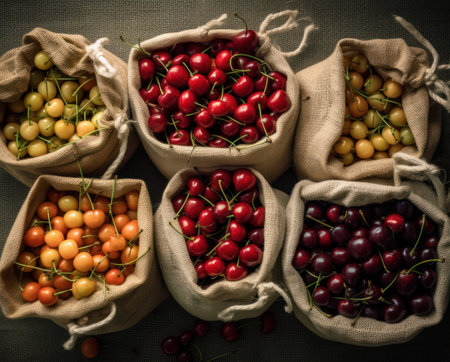 Flat-lay of grocery jute and net bags full of fresh cherry on a white background, zero -waste ecological concept, AI generativeの素材