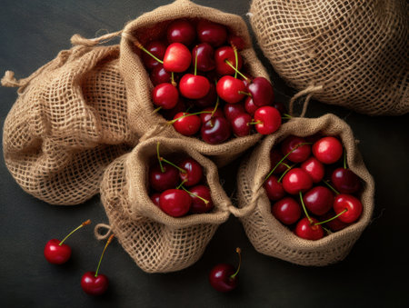 Flat-lay of grocery jute and net bags full of fresh cherry on a white background, zero -waste ecological concept, AI generativeの素材