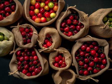 Flat-lay of grocery jute and net bags full of fresh cherry on a white background, zero -waste ecological concept, AI generativeの素材