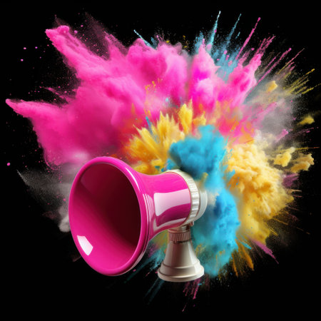 3d megaphone with toner powder exploding out of it, AI generative.の素材