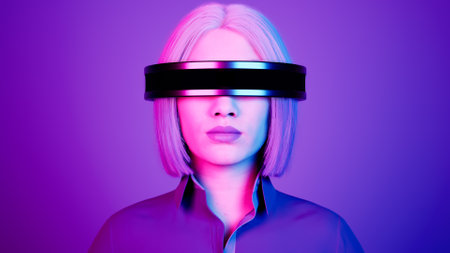 technology, online game, entertainment, virtual world in 3D simulation. millennial woman in vr...
