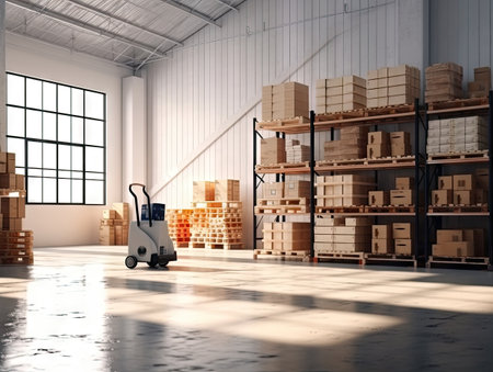 Rows Of Shelves With Boxes In Warehouse, AI generativeの素材