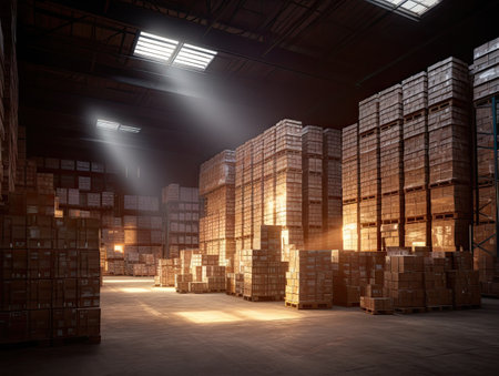 Rows Of Shelves With Boxes In Warehouse, AI generativeの素材